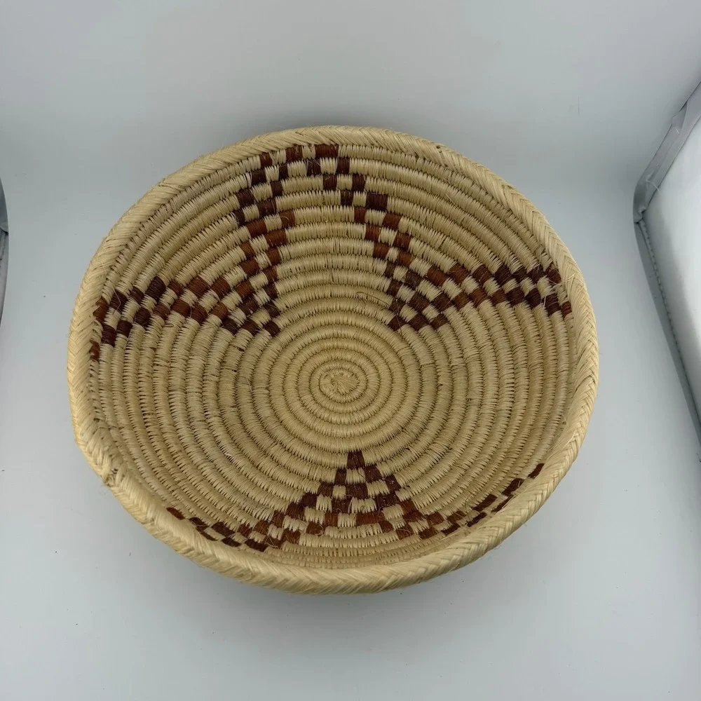 Coiled Woven Basket 9in Natural Brown Excellent Geometric Boho Tribal